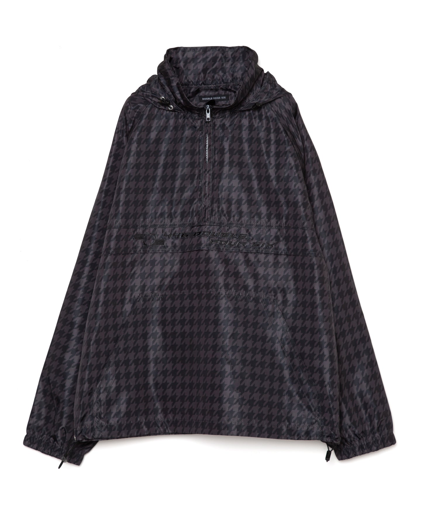 DOUBLE FOUR SIX-Houndstooth Pattern Front Logo Hoodie Chidori Black