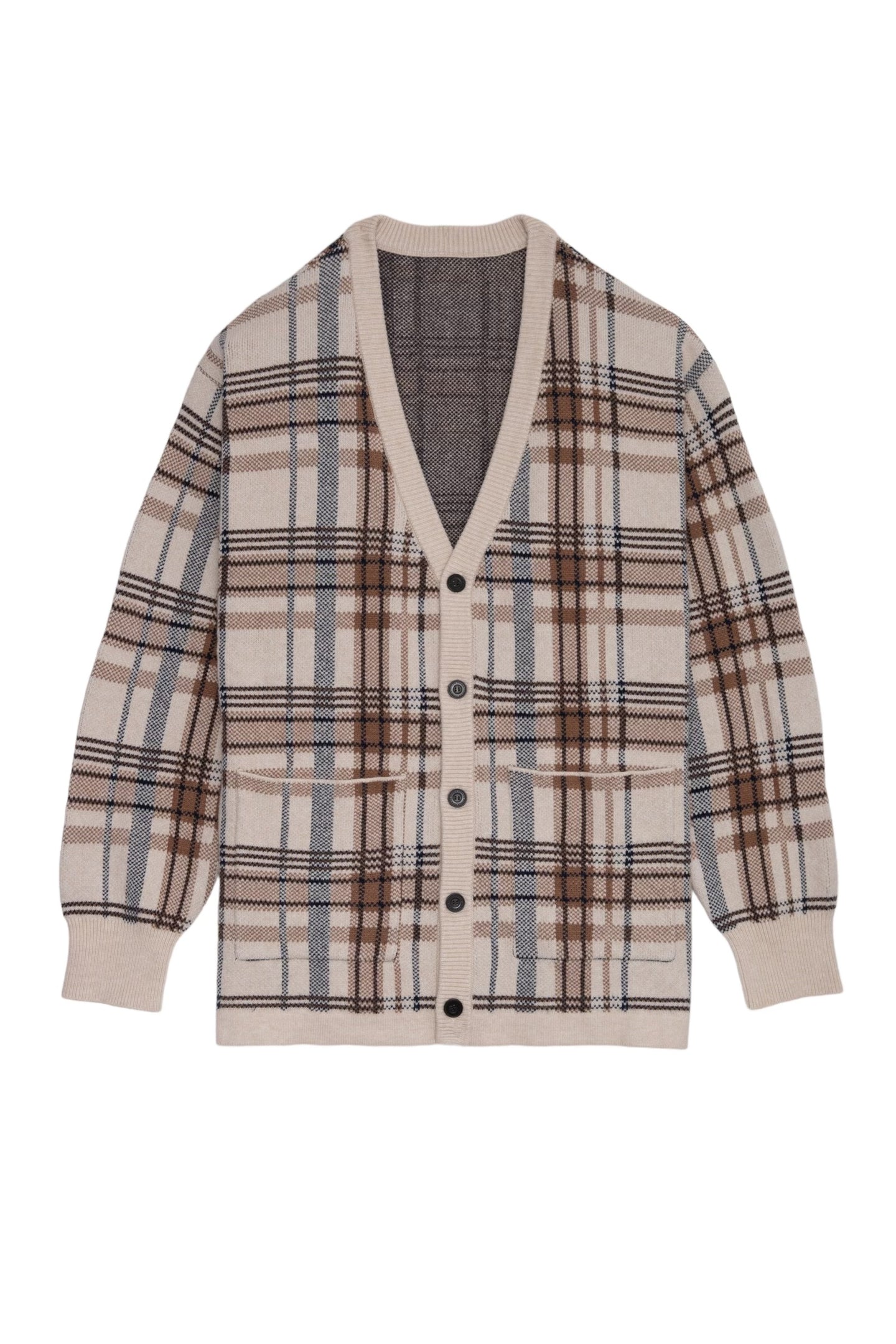 446-Leather Emblem Checked Knit Cardigan Beige Check