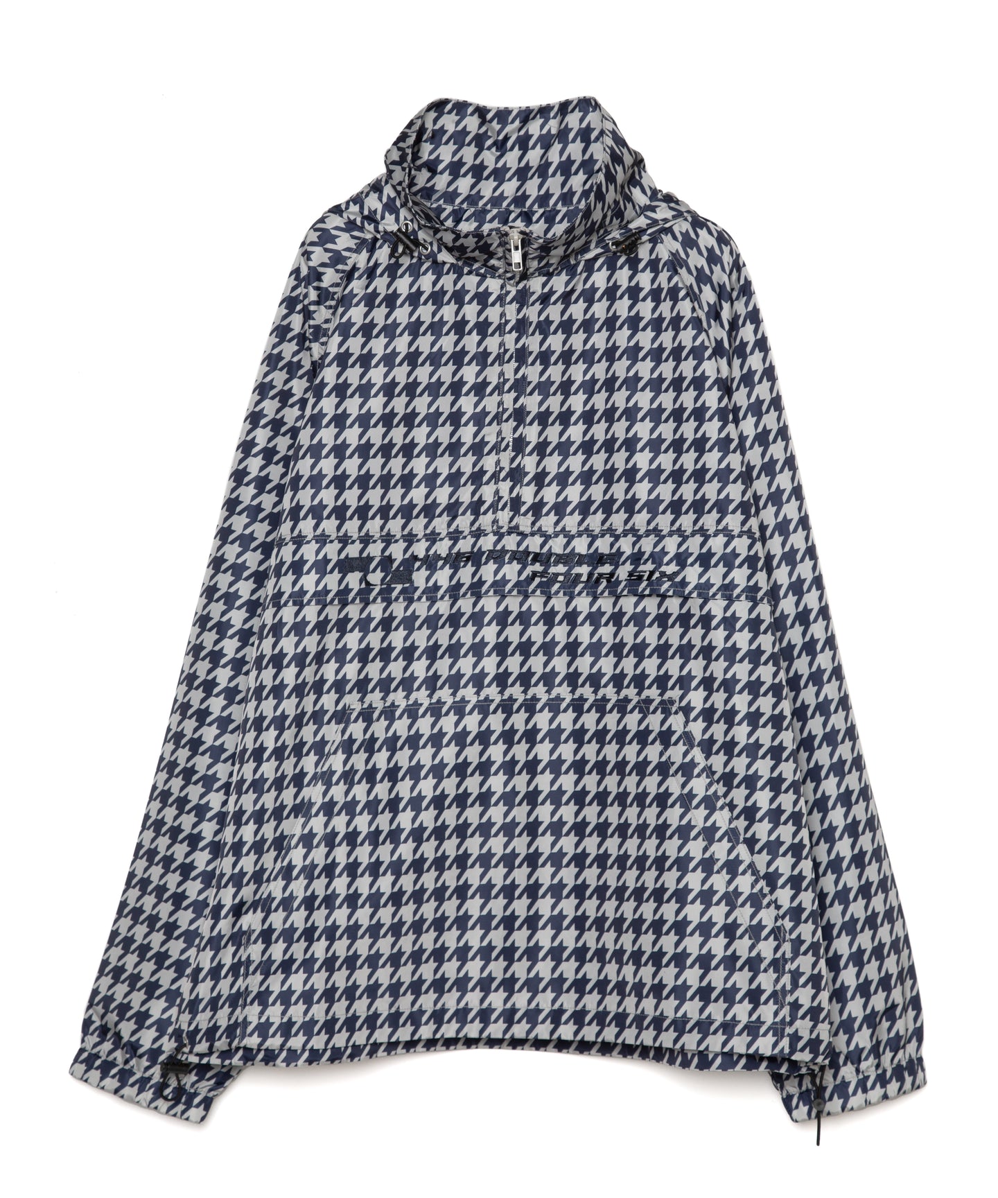 DOUBLE FOUR SIX-Houndstooth Pattern Front Logo Hoodie Chidori Navy