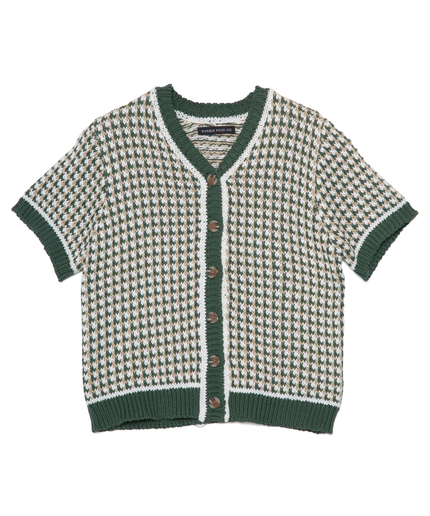DOUBLE FOUR SIX-Checked Open Front Knit Green Check