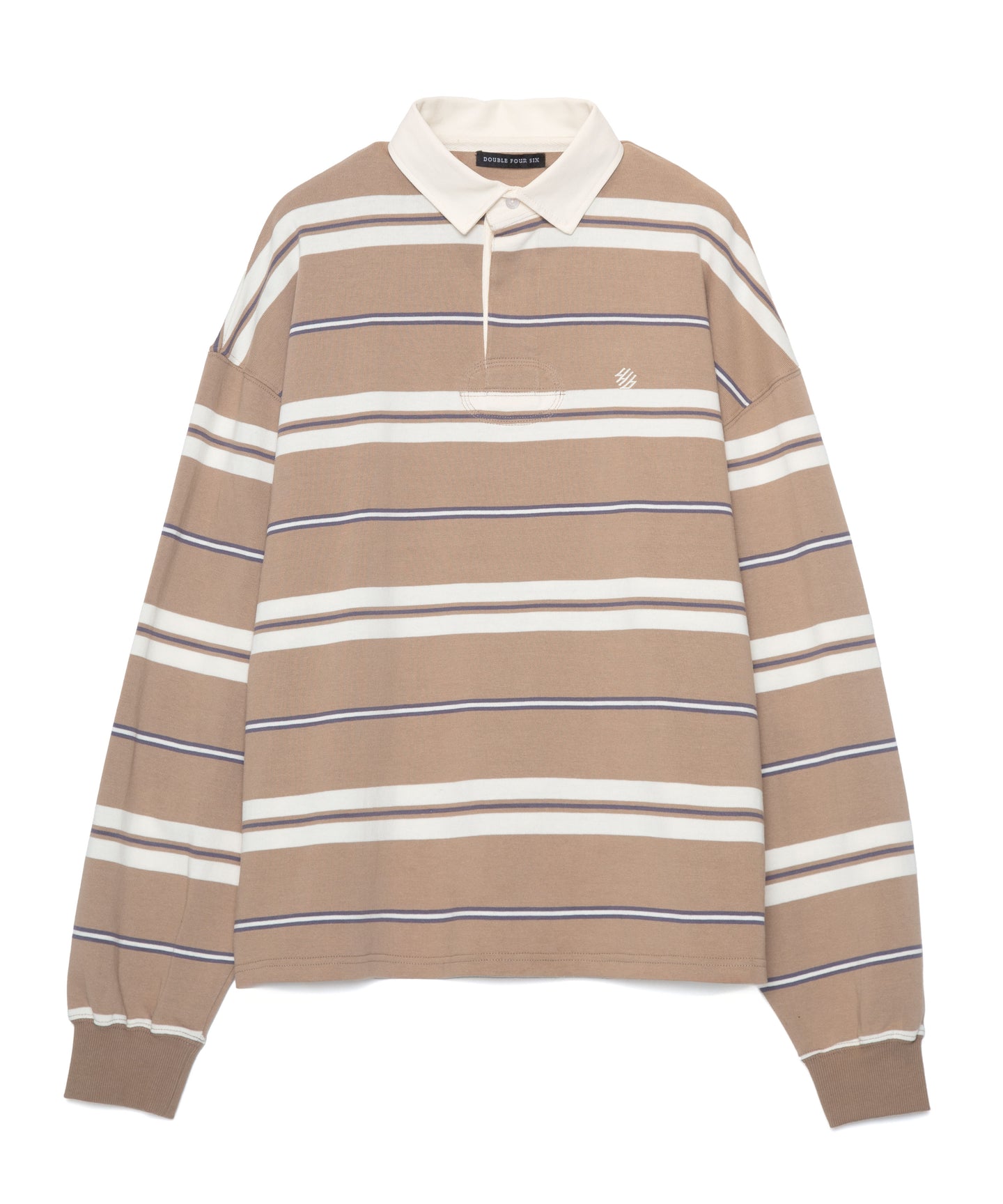446-Stripe Long Sleeve Polo Shirt Greige Stripe