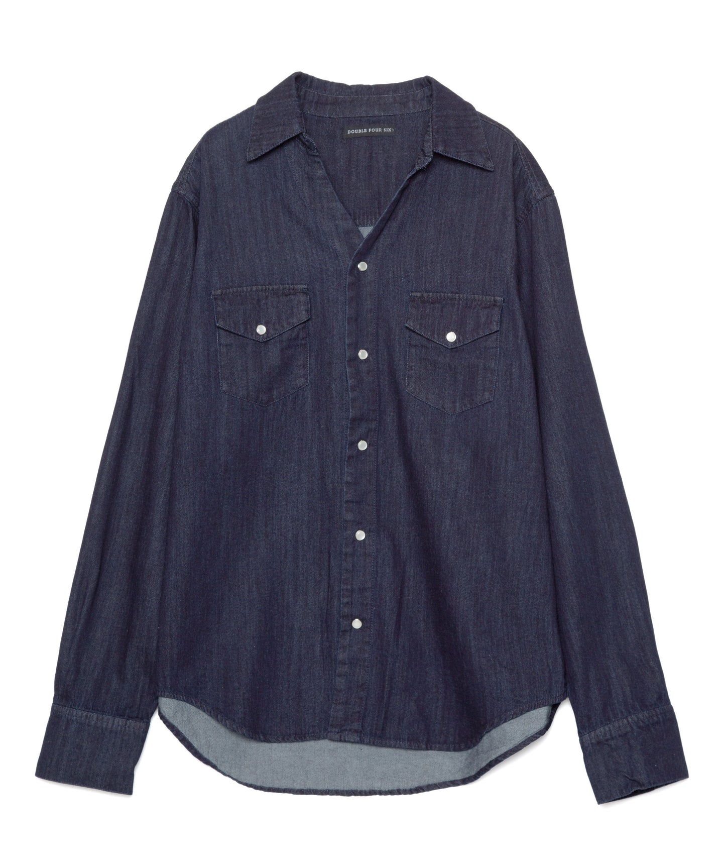 DOUBLE FOUR SIX-Open Collar Denim Shirt Indigo