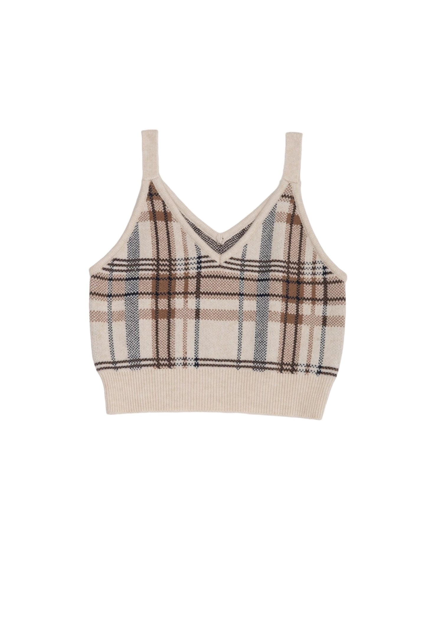 DOUBLE FOUR SIX-Silicon Print Checked Knit Vest Beige Check