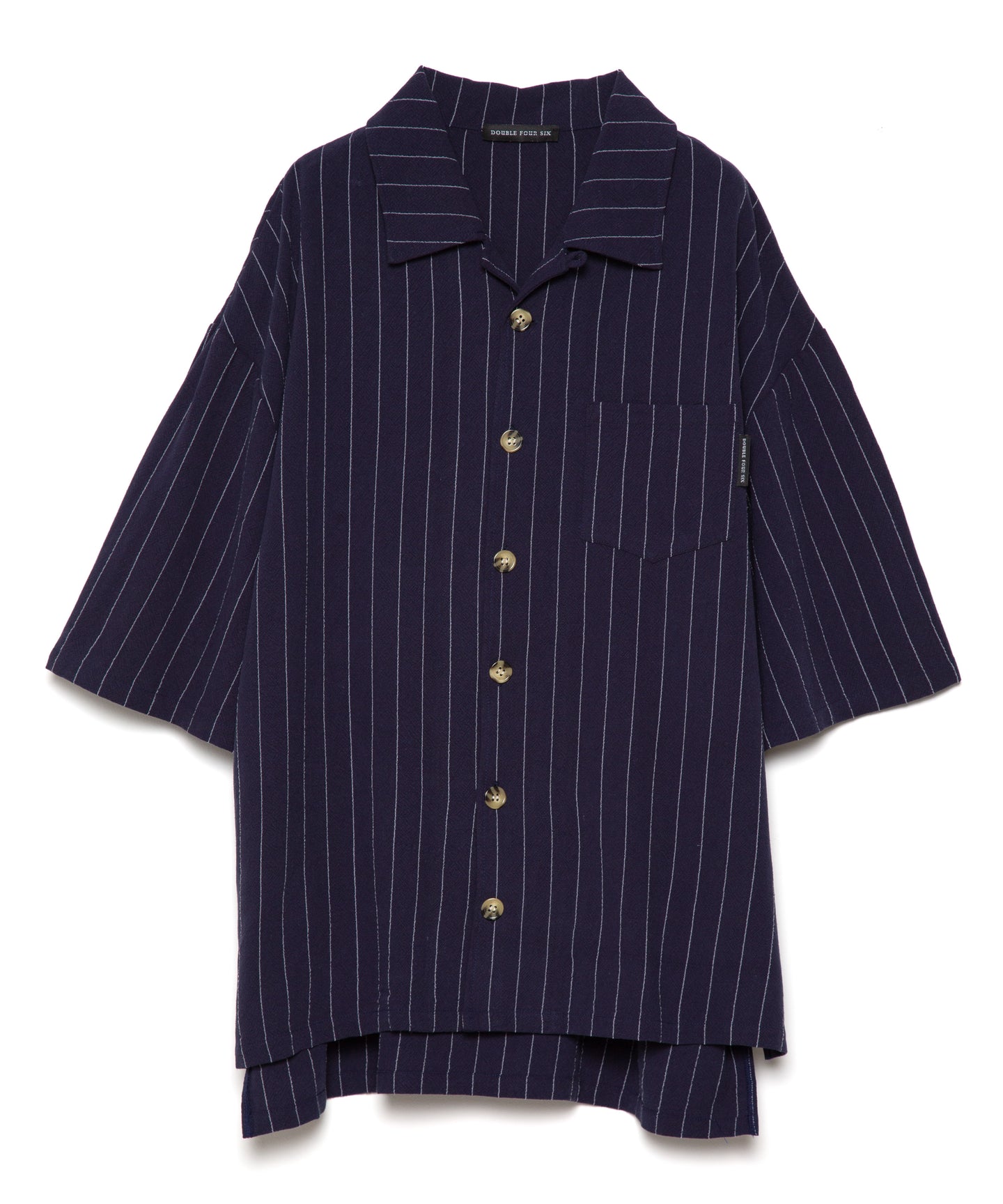 【数量限定商品】DOUBLE FOUR SIX-  Back Logo Linen Stripe Shirt  Navy
